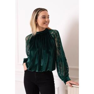CHOKLATE PARIS Women’s Emerald Green Velvet Lace Sleeve Mock Neck Blouse Size Me